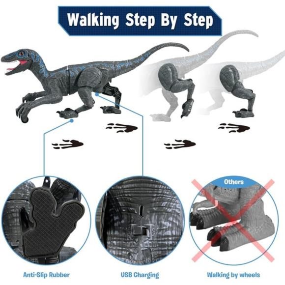 Remote Control Dinosaur Toys, Walking Velociraptor w/ Lights & Sounds for Kids - Picture 4 of 6